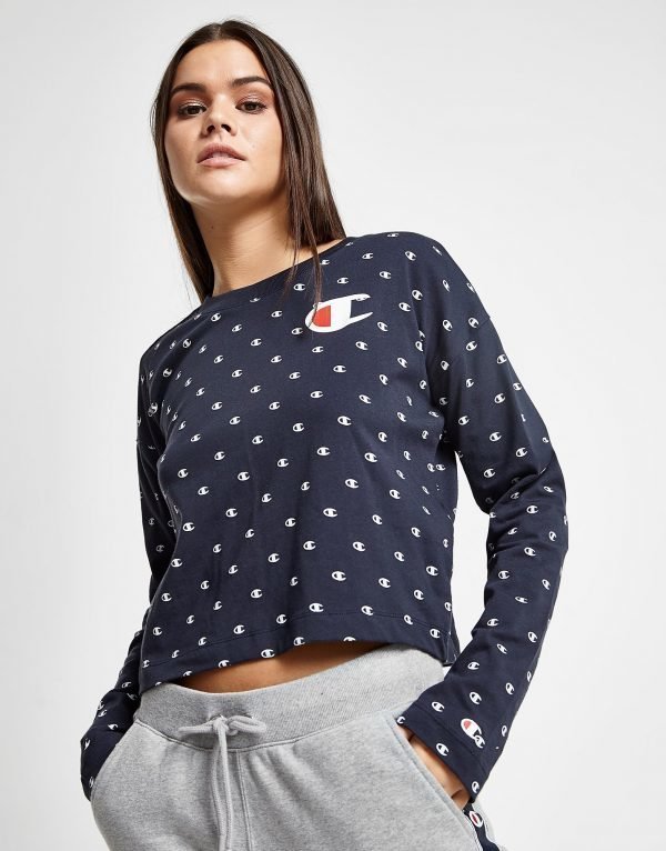 Champion All Over Print Logo Long Sleeve T-Shirt Laivastonsininen